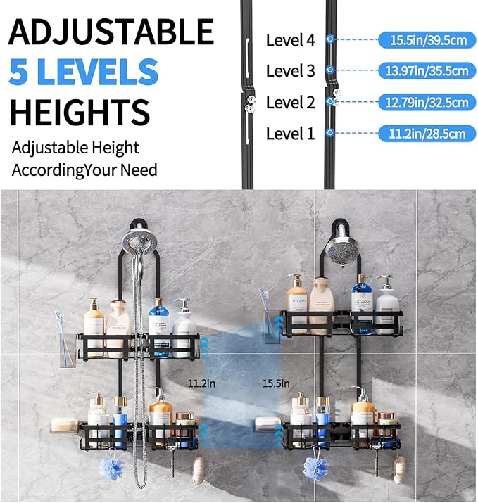 Aluminum Shower Caddy Hanging, Never Rust Shower Organizer- 4 Levels with adjustable Height 10 Hooks for Razor/Sponge - Rack with Soap Basket (Black-1)