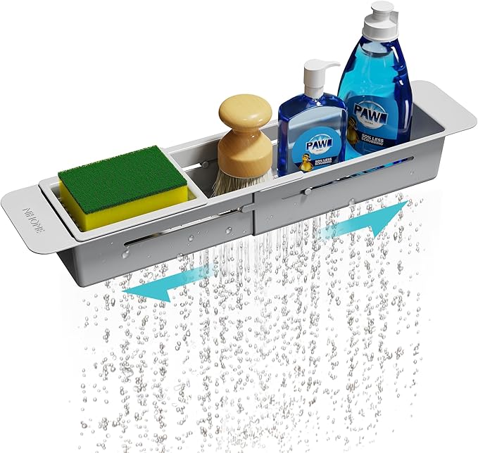 NiHome Extendable Over Sink Kitchen Organizer, Small Telescopic Brush Storage Rack for Sponge, Non-Slip Pads Expandable Sink Caddy, Adjustable Sponge/Brush Rack with Drainage Durable ABS (Gray)