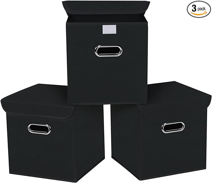 Closet Organizers Fabric Storage Bins With Lids Collapsible Cube Storage Organizer Basket With Handles,Storage Boxes for Clothes Storage,Office,Toys,3 Pack,（Black