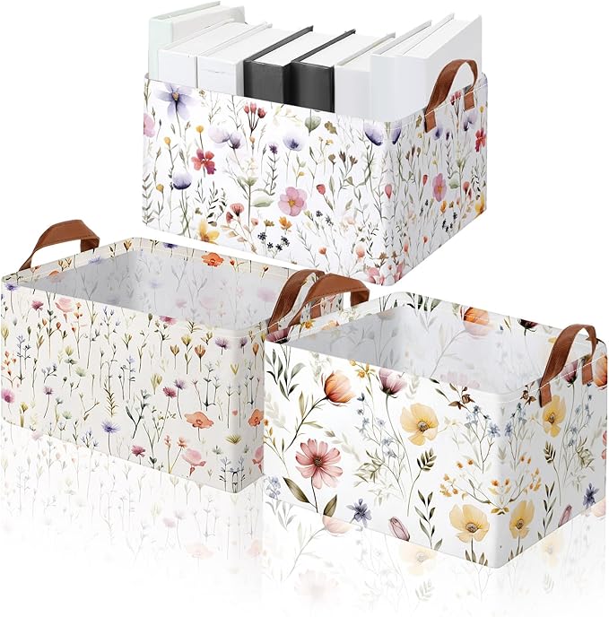Boao 3 Pcs Wildflowers Storage Bin Wildflowers Collapsible Large Storage Baskets for Gifts Canvas Laundry Basket Foldable Box with Handle for Office Home Bedroom Clothes