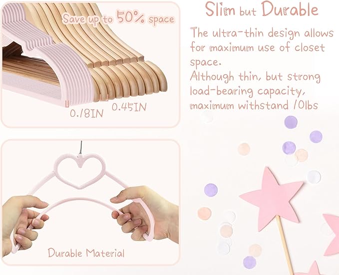 Kids Pink Velvet Clips Hangers - 13inch 50 Pack Baby Hanger with 20pcs Movable Clips, Stackable Non-Slip Heart Flocked Hangers Fit for Children and Toddler, Heavy-Duty and Space-Saving(Silver)