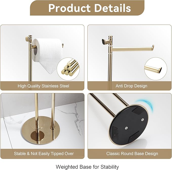 BGL Toilet Paper Holder Stand, SUS304 Stainless Steel Gold, Weighted Base, Holds 5 Jumbo Rolls, Space-Saving Modern Bathroom Storage with Built-in Hook