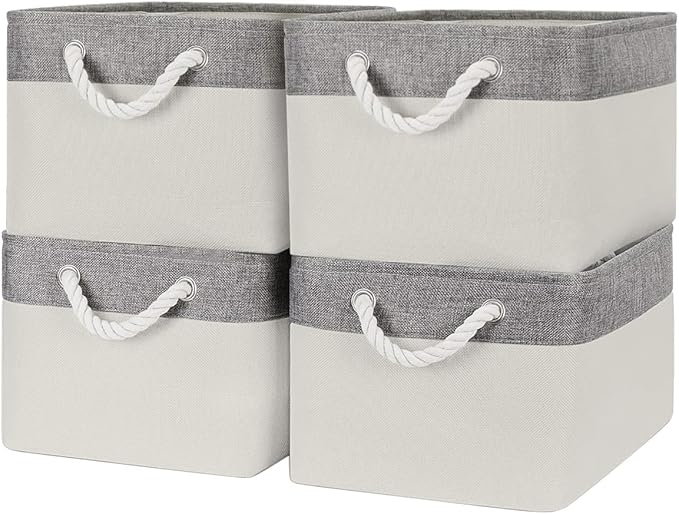 Sacyic Organization and Storage Basket for Organizing - Large 4 Pack 16x12x8 inch Fabric Storage Cube Collapsible Baskets for Shelves, Storage Bins for Cloth Books (Grey & White)