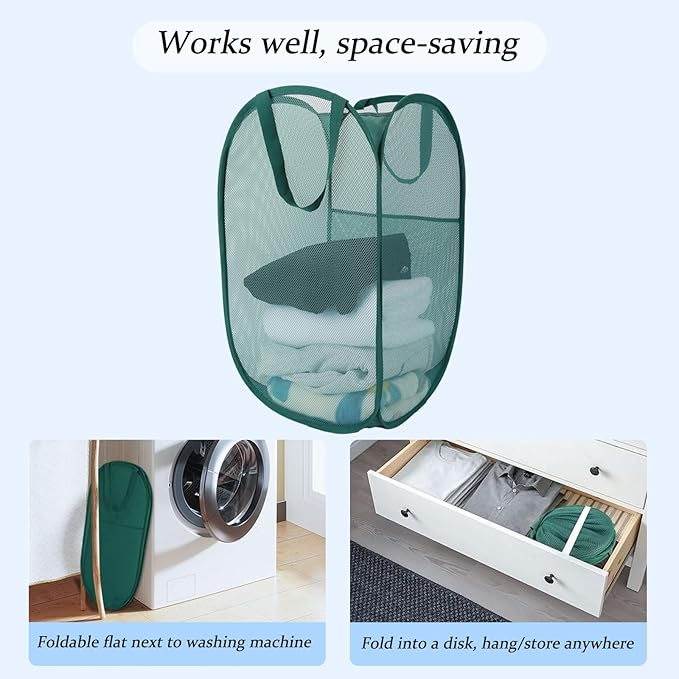 Upgraded 100L Extra Large Mesh Pop Up Laundry Basket With Handles, Light Breathable, Fold Compact, Large Hold Portable Foldable Dirty Clothes Basket For Bedroom, Laundry Room, Dorm, Hotel, Green.V