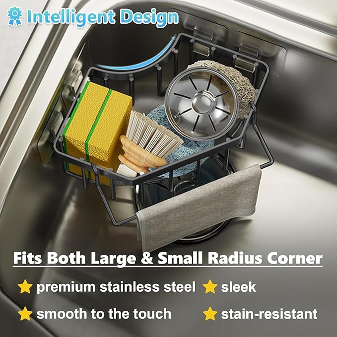 Corner Sink Sponge Drying Rack with Towel Bar, Black Stainless Steel, Multipurpose Kitchen Organizer, Self-Adhesive Installation