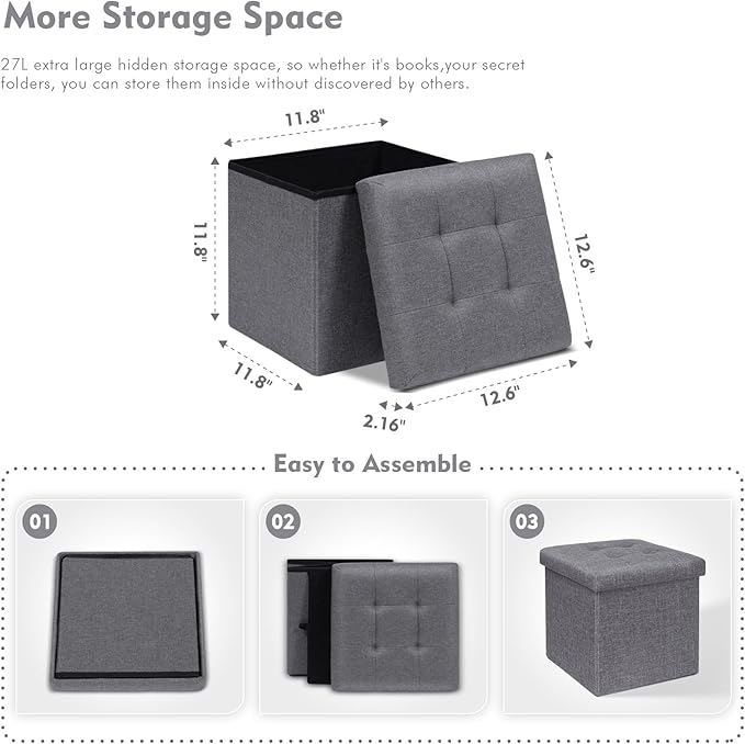 B FSOBEIIALEO Storage Ottoman Cube, Storage Chest Folding Foot Rest Seat, Linen Grey 12.6"X12.6"X12.6" (2 Pack)