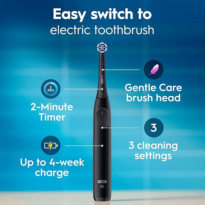 Oral-B iO Simple Clean Rechargeable Electric Powered Toothbrush, Night Black with 1 Gentle Care Brush Head and 1 Black Travel Case - Automatic Pressure Sensor to Protect Gums - 3 Modes - 2 Min Timer
