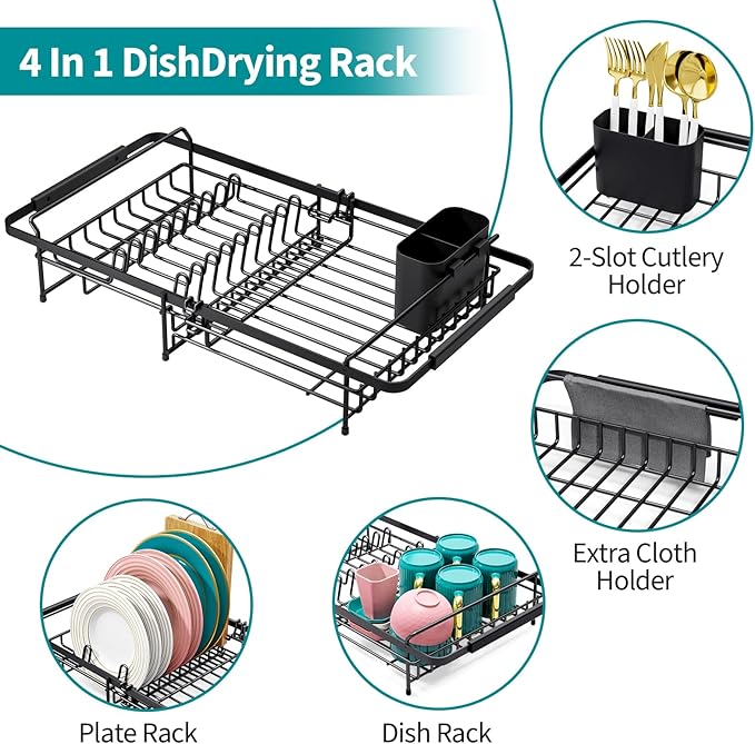 Expandable in Sink Dish Drying Rack - Adjustable Dish Rack Over Sink, Rustproof Dish Drainer for Kitchen Counter, Dish Strainer with Utensil Holder, Fit Kitchen for 13"-18"