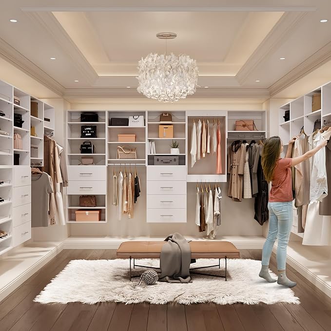 ROOMTEC Modular Closet System, 90" Wall-Mounted Closet Organizer with Hanging Rods and Shelves, Wooden Tower for Walk-In Closets, Wardrobe Storage Kit, White