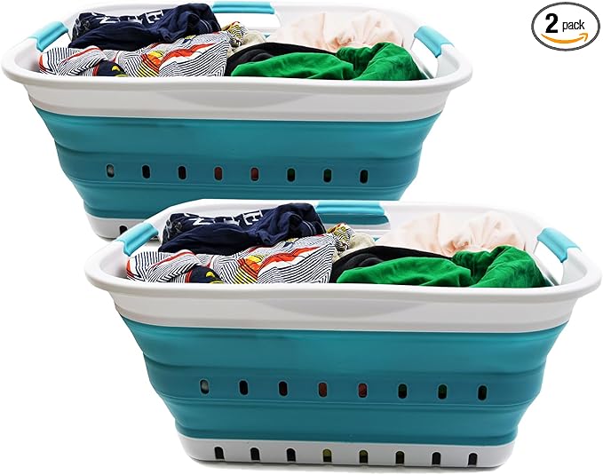 SAMMART 42L (11 gallon) Collapsible Plastic Laundry Basket - Foldable Pop Up Storage Container/Organizer - Portable Basket - Space Saving Hamper/Basket (2, White/Bright Blue)