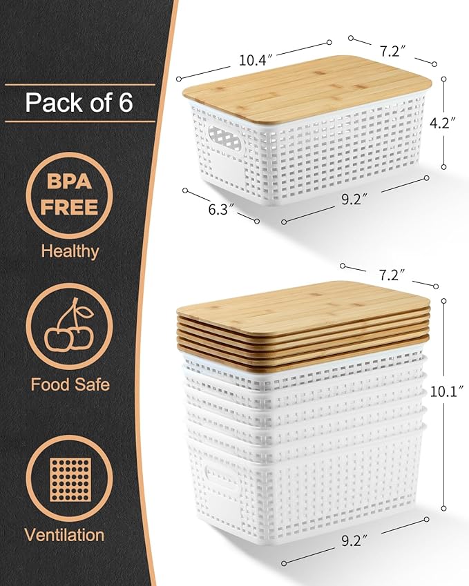 6 Pack Storage Bins with Bamboo Lids for Pantry Organization and Storage Containers for Shelves Drawers Desktop Closet Playroom Classroom Office Home,White