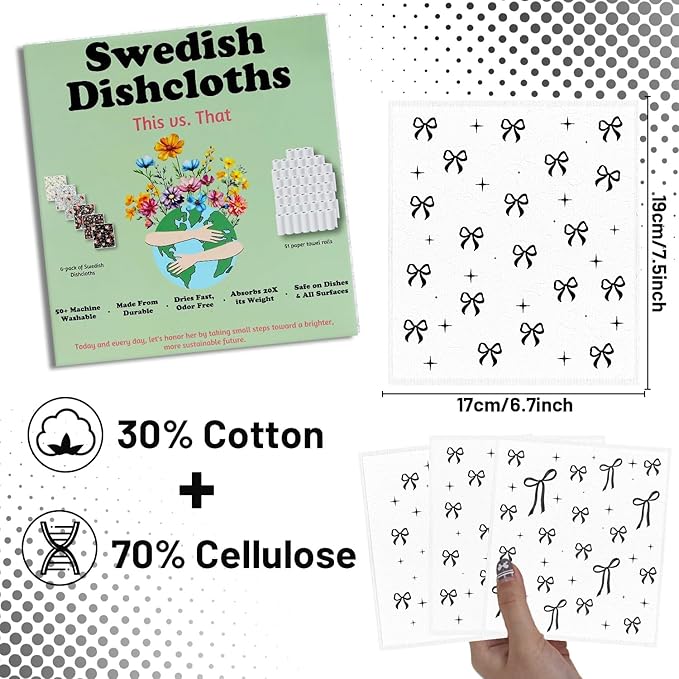 Swedish Dishcloths for Kitchen, 6PCS Black Bow Cellulose Sponge Reusable Paper Towels Washable, Absorbent Fast Drying Swedish Dish Cloth for Home Cleaning