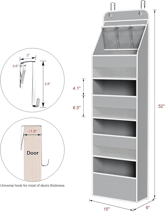 Univivi 5-Shelf Space Saving Door Storage Over Door Hanging Organizer with 4 Large Capacity Roomy Pockets Closet Cabinet Wall Mount Hanging Easy Install Storage Organizers for Baby Nursery (Grey)