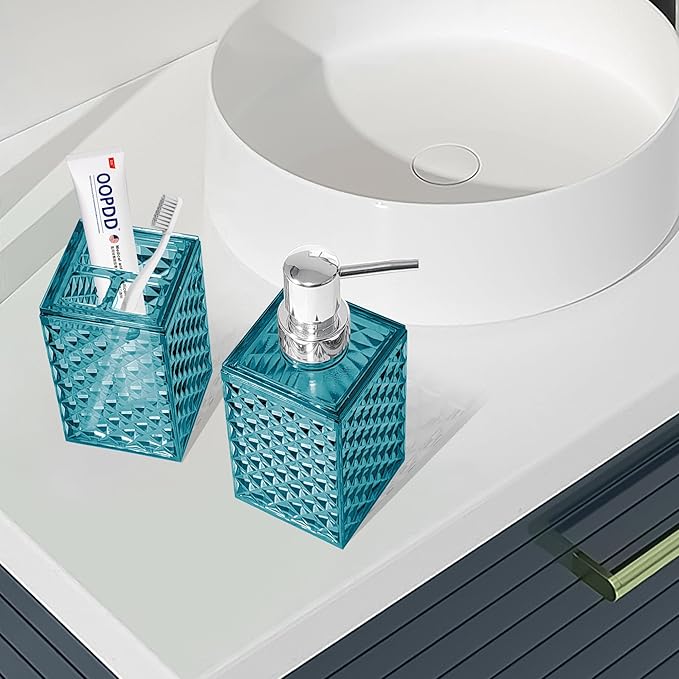 2PCS Lake Blue Bathroom Accessories. Contain Soap Dispenser and Toothbrush Holder Set. Boho Bathroom Set for Blue Bathroom Décor