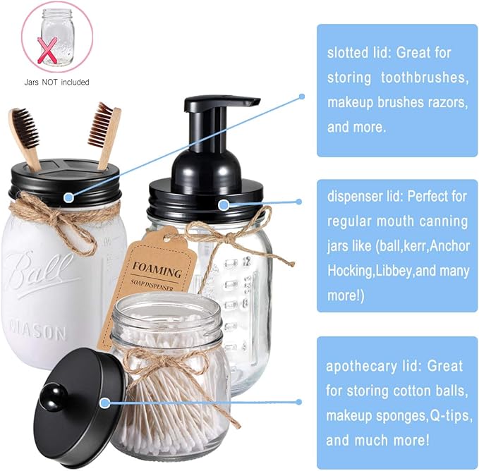 Mason Jar Bathroom Accessories Set(4pcs)- Jars Not Included - Foaming Soap Dispenser,Toothbrush Holder, and Apothecary Storage Jars Lids -Rustic Farmhouse Decor,Black