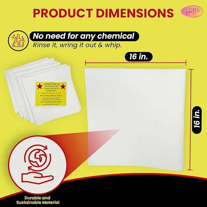 Microfiber Glass Cleaning Cloths, 6 Pack - 16" x 16" Lint-Free Window & Mirror Cleaning Towels, Streak-Free Reusable Cloths for Glass, Cars & Home - Just Use Water
