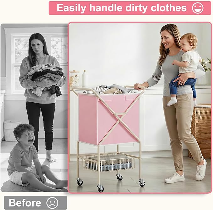 Convenient Laundry Basket with Wheels,36" High Easy Rolling Laundry Cart with Wheels,Heavy Duty Dirty Clothes Laundry Hamper with Handles Removable Bag for Seniors,Folding Metal Frame/Pink/98L