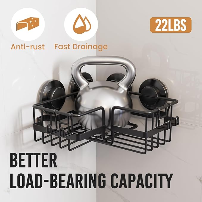 LEVERLOC 2 Pack Corner-adaptive Suction Cup Shower Caddies, Drill-Free Wall Mounted Basket, Stainless Steel Rustproof Corner Shower Shelf, Large Capacity Removable Suction Bathroom Organizer, Black