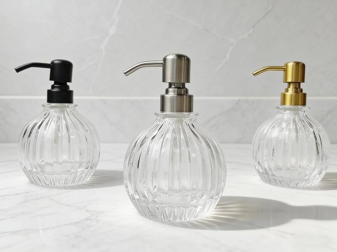 Round Bathroom Soap Dispenser Gold Pump, Glass Bottle with Stainless Steel Pump Liquid Soap Dispenser Sphere Counterto Hand Kitchen