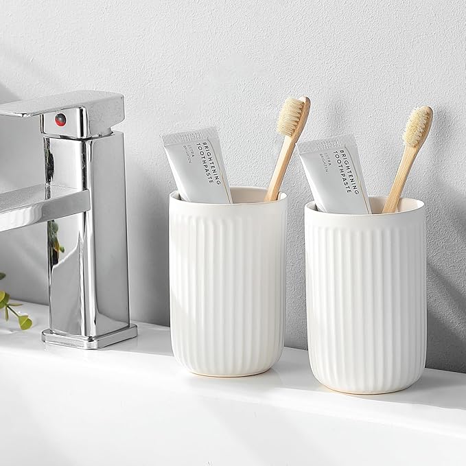 White Toothbrush Holders for Bathrooms - 1 Cups Ceramic Toothbrush Toothpaste Holders, White Bathroom Tumbler Cups Reusable Toothbrush Mouthwash Cup, Bathroom Counter Organizer.