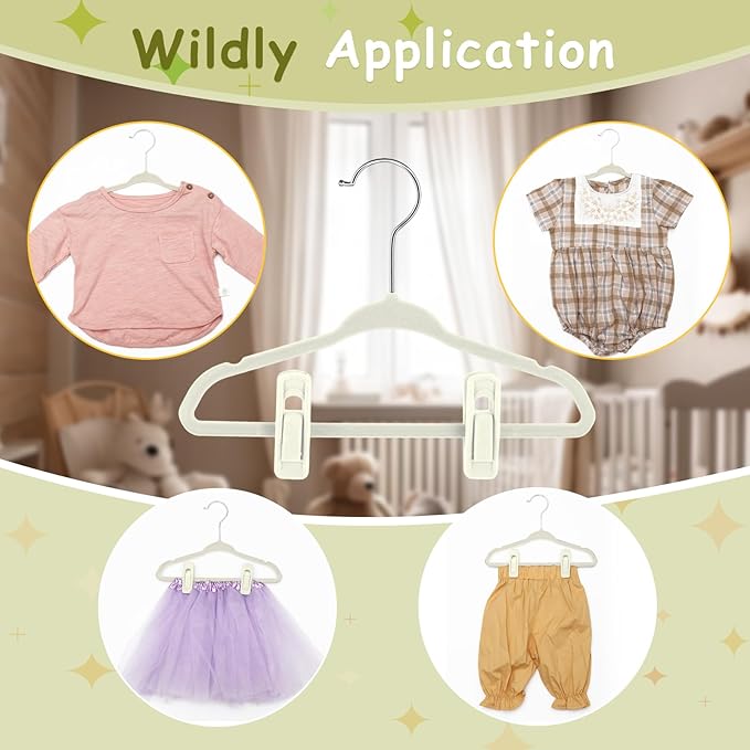 Soaoo 50 Pack Premium Baby Velvet Hangers with Adjustable 100 Clips, Non Slip 11 Inch Slim Kids Closet Organizer for Pants, Dresses & Matching Outfits, Nursery & Toddler Wardrobe (Beige)