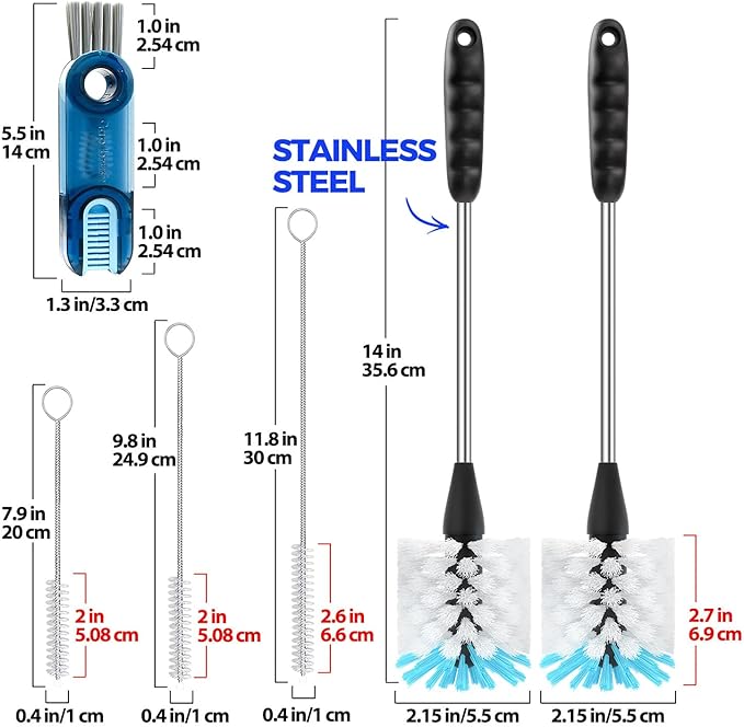 Holikme 6 Pack Bottle Brush Set, 14" Long Handle Stainless Steel Bottle Cleaner Brush, 3 Straw Brushes, 3-in-1 Bottle Cleaning Brush for Water Bottle, Baby Bottle, Blue&White