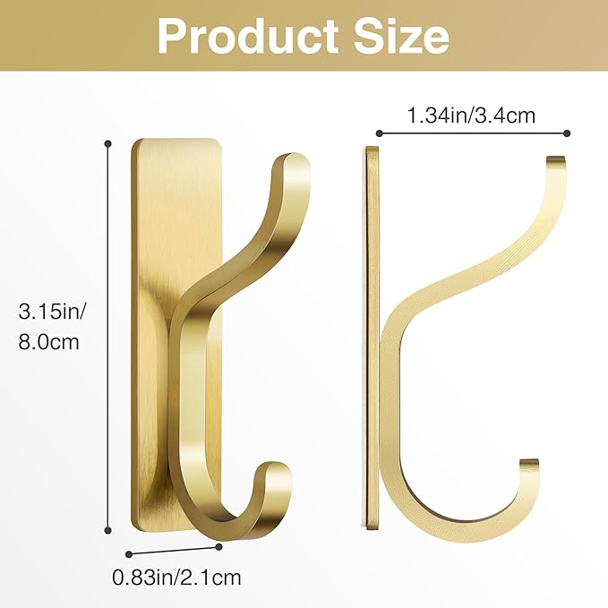 pickpiff Adhesive Wall Coat Hooks - Heavy Duty Stick-On Door Hanger, Metal Hook for Hanging Towel,Purse, Robe, Backpack, Jacket, Clothes - for Bathroom,Dorm, Closet, Kitchen - Gold, 10 Pack