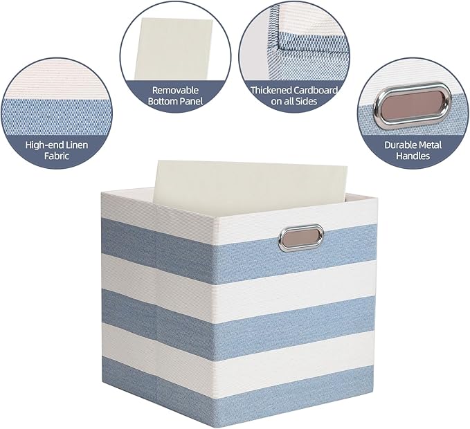 Foldable Cube Storage Bin Organizing Baskets Cubby Boxes Fabric Storage Cubes Organizer Bins with Handles for Organization Shelf Closet, 13"x13"x13", Pack of 4, Blue/White Stripe