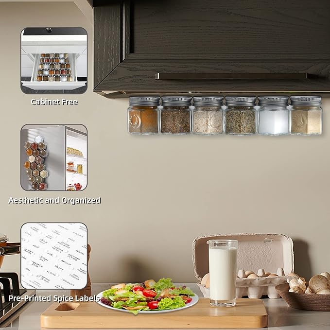 Homazing Set of 24 Hexagon Glass Spice Jars with Shaker Lids and Labels for Refrigerator, Kitchen, RV Travel Trailer Magnetic Containers