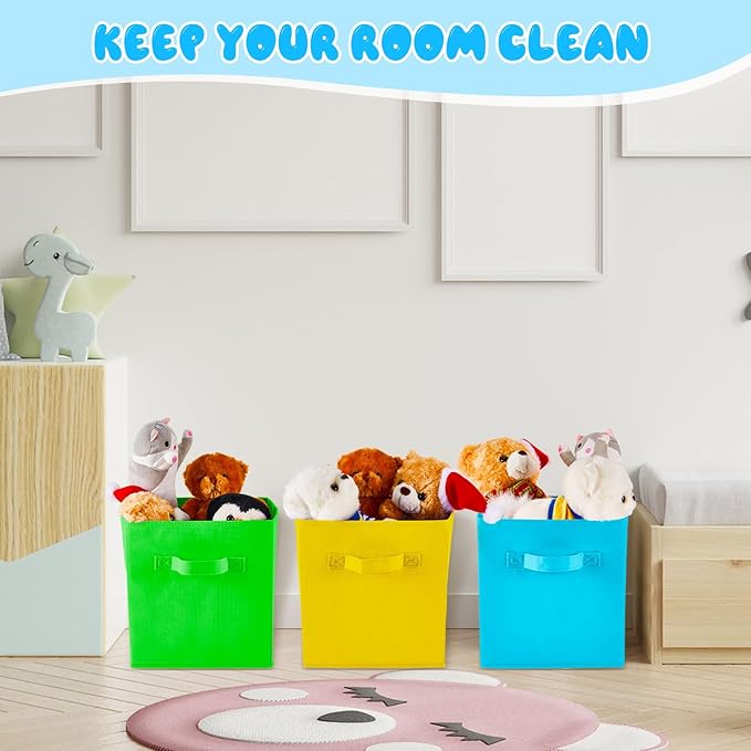 Yinder 12 Pcs Cube Storage Bin 11'' Storage Bins for Room Decor Colorful Bins Foldable Baskets for Nursery Organizer Boxes Fabric Boxes (Sky Blue, Green, Yellow, Dark Blue)
