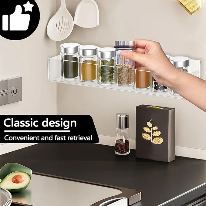 2 Pieces Adhesive Acrylic Wall Mount Spice Rack Organizer Shelf, Clear Holder Hanging Spice Rack for Wall Kitchen Cabinet Office Bathroom Invisible with Double Sided Tape Screws