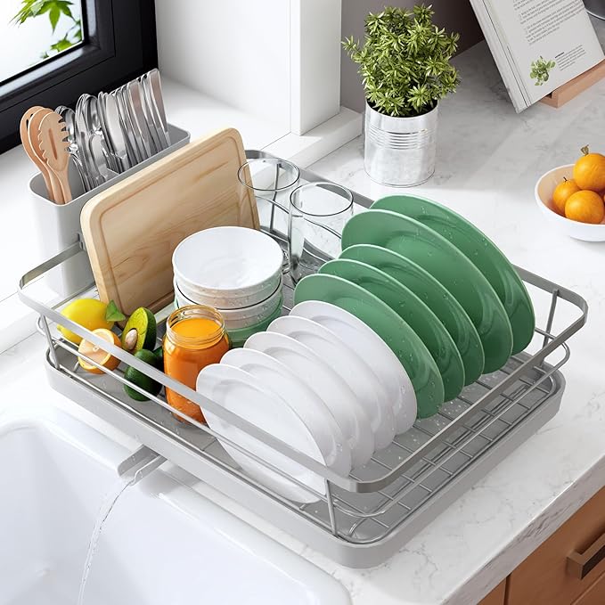 Kitsure Dish Drying Rack for Kitchen Counter, Stainless Steel Sink Organization and Storage Essentials with Cutlery Holder, Home and Appartment Decor, 12''W x 15.5''L, Silver Grey