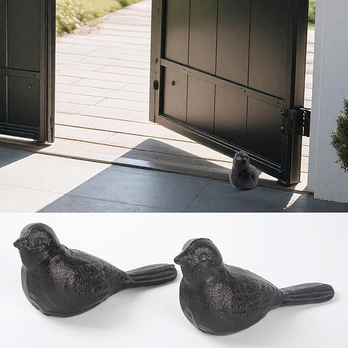 Cast Iron Bird Heavy Duty Door Stopper - Avoid Drilling Holes with Handle Metal Antique Decorative Vintage Rustic Door Stopper for Office, Home， Bedroom and Exterior Doors (2, Black)