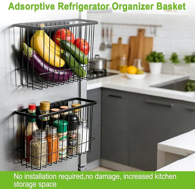 Funvalley Surperfect Magnetic Wire Mesh Storage Baskets, Black Steel Wall Mount Organizers, 2-Pack Large and Medium, Modern Industrial Style, 14 lbs Capacity