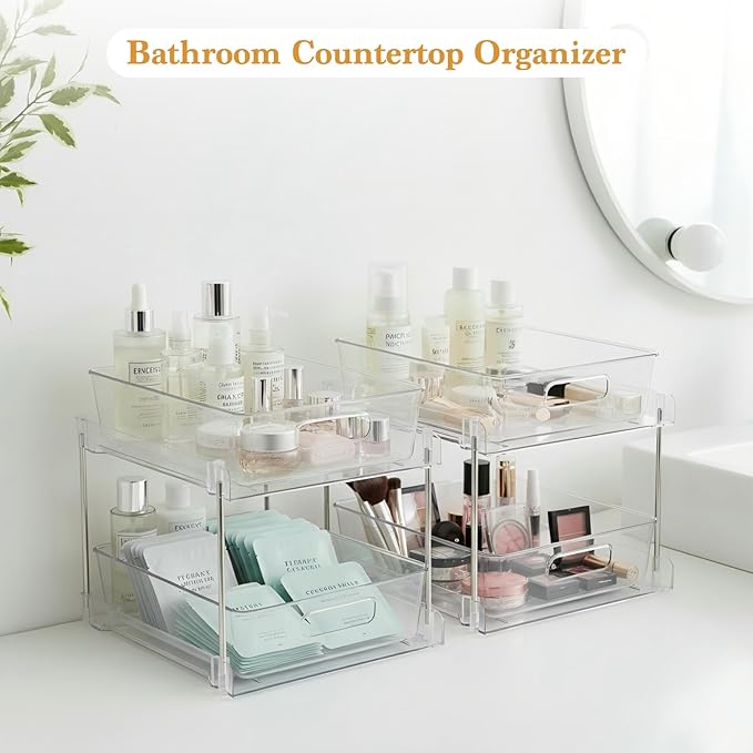 4 Pack Bathroom Organizers and Storage, 2-Tier Clear Under Sink Organizer, Vanity Counter Storage, Medicine Cabinet Organization, Pull-Out Cabinet Organizer With Track For Bathroom, Kitchen, Pantry