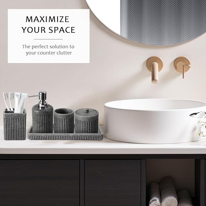 8-Piece Grey Bathroom Sets with Shower Curtain and Rugs, Resin Bathroom Accessories Sets Complete with Soap Dispenser, Toothbrush Holder, Tumbler & Apothecary Jars Bathroom Essentials
