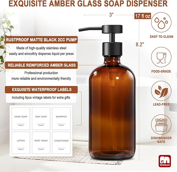 GMISUN Amber Glass Soap Dispenser, 6 Pack Bathroom Hand Soap Dispensers with Stainless Steel Pump, 17 Fl Oz Kitchen Hand and Dish Soap Dispenser Set, Modern Vintage Liquid Brown Soap Dispensers Bottle