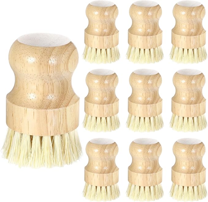 10 Pack Bamboo Dish Brush Set, Natural Dish Scrub Brush with Handle, Wooden Dish Scrubber for Kitchen Cleaning, Eco-Friendly Scrub Brush for Dishes, Pots, Pans, and Vegetables