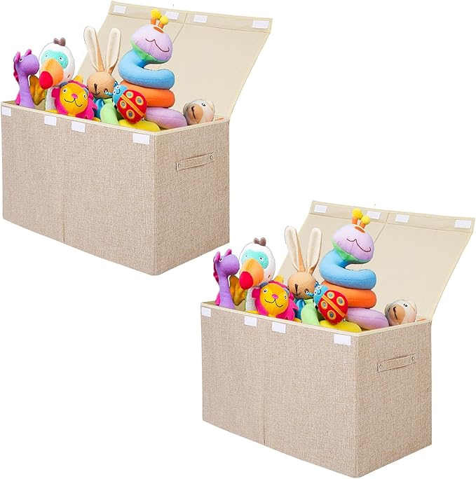 2 Pack Large Toy Box Chest Storage with Flip-Top Lid, Sturdy Kids Toy Storage Bin Boxes Container for Boys, Girls, Nursery, Closet, Bedroom, Playroom 25"x13" x16"(Linen Beige)