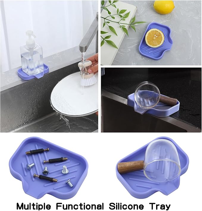 MicoYang Silicone Bathroom Soap Dishes with Drain Spout-Bathroom and Kitchen Sink Organizer,Sponge Holder,Dish Soap Tray,Perfect for Dispenser,Scrubber,Bottle on Sink or Counter-Light Purple 4.9"×3.2"