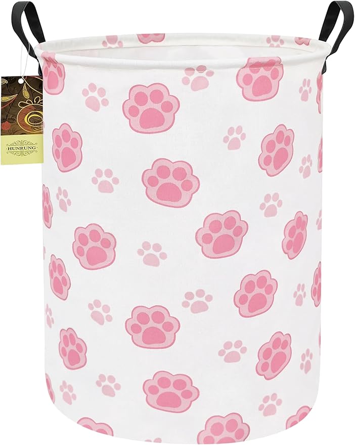 HUNRUNG Laundry Hamper,Large Canvas Fabric Lightweight Storage Basket Toy Organizer Dirty Clothes Collapsible Waterproof for College Dorms（Round-Pink Paw）