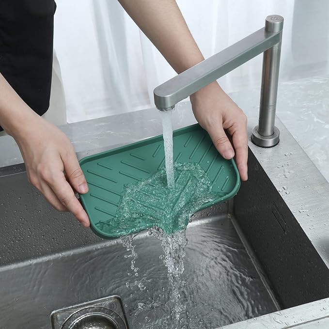 MicoYang Silicone Bathroom Soap Dishes with Drain Spout-Bathroom and Kitchen Sink Organizer,Sponge Holder,Dish Soap Tray,Perfect for Dispenser,Scrubber,Bottle,Cup on Sink or Counter-Green 9.6"×5.3"