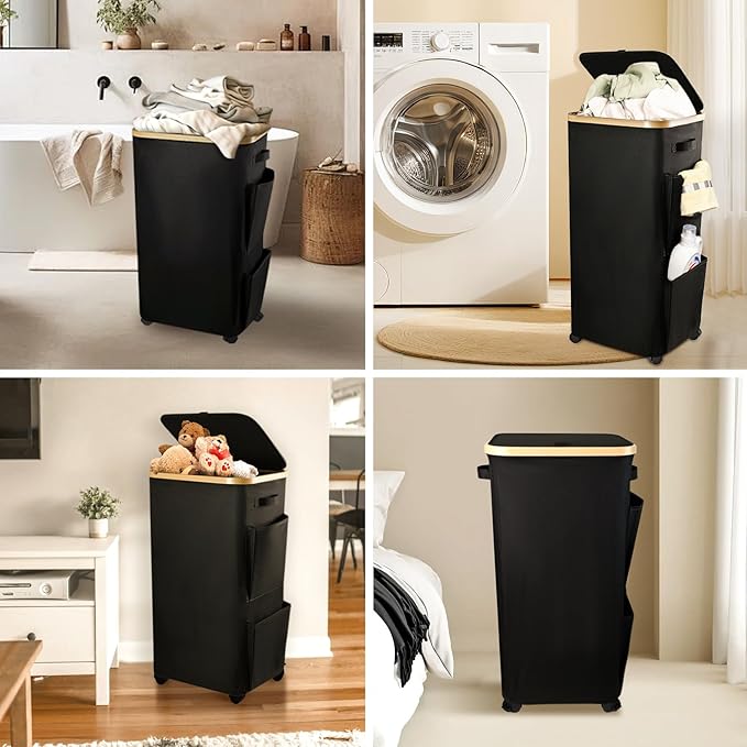 100L Large Laundry Hamper with Lid Wheels, Rolling Laundry Basket with Removable Bag Side Pockets, Heavy-Duty Laundry Room Organization and Storage for Dorm Small Spaces (Black)