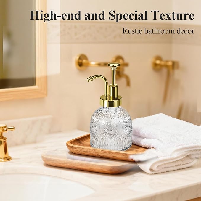 SheeChung Vintage Soap Dispenser, Kitchen Dish Soap Dispensers with Pump Mat, Glass Hand Soap Dispenser for Bathroom, Liquid, Lotion, Refillable, Rustic Farmhouse Decor-Clear (Gold Pump, 1 pk)