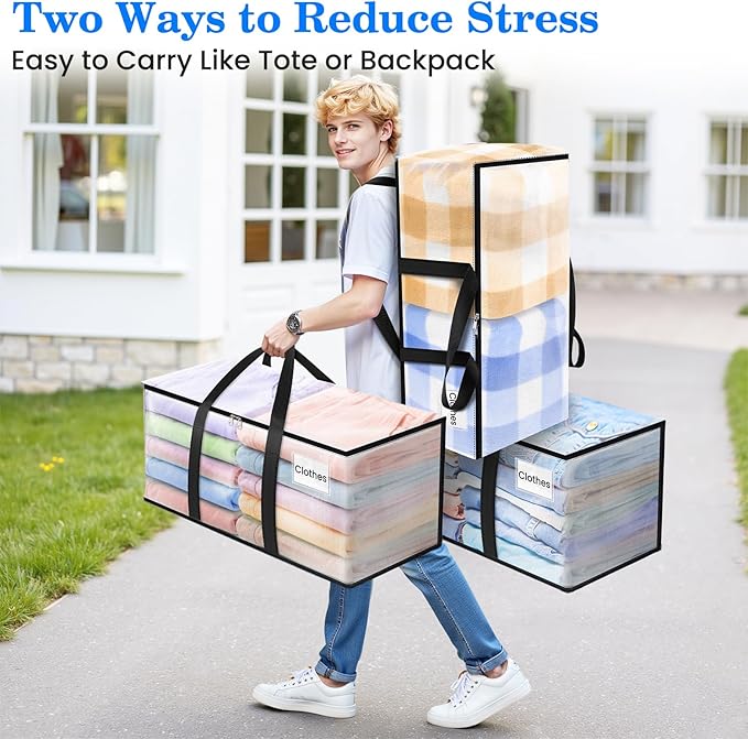 BlissTotes 2-Pack Large Moving Bags with Backpack Straps & Strong Zippers, Heavy-Duty Storage Bags Moving Boxes for Space Saving, Dorms, Transport, 76L-20 Gallons, Clear