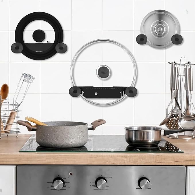 New Upgrade 4 Pack Adjustable Pot Lid Holder, Lid Organizer Fits 6" to 14" Lids, with Screw Hole Position and Sticky Wall Mounted Lid Storage Kitchen Cabinets, Cabinet Doors (Black)