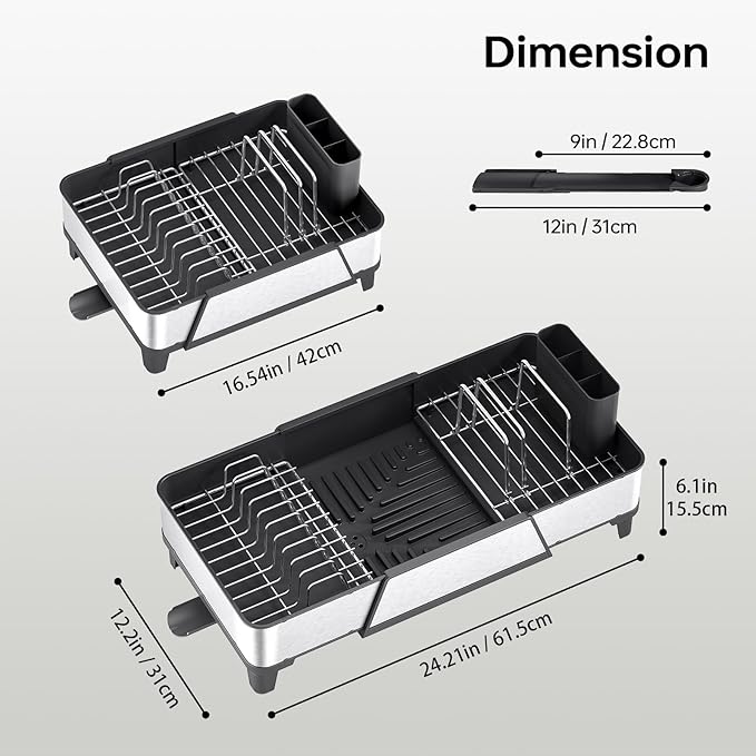 Large Dish Drying Rack - Triple Expandable Dish Rack for Kitchen Counter, Stainless Steel Sink Organization and Storage Essentials with Utensil & Pans Holder for Home and Appartment, Black