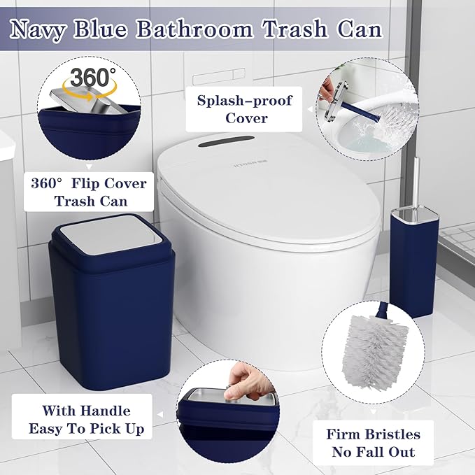 Navy Blue Bathroom Accessories Set, 9-Piece Plastic Gift Set with Trash Can, Toothbrush Holder, Toothbrush Cup, Soap Dispenser, Soap Dish, Toilet Brush Holder,2 Qtip Holder Dispensers and Tray