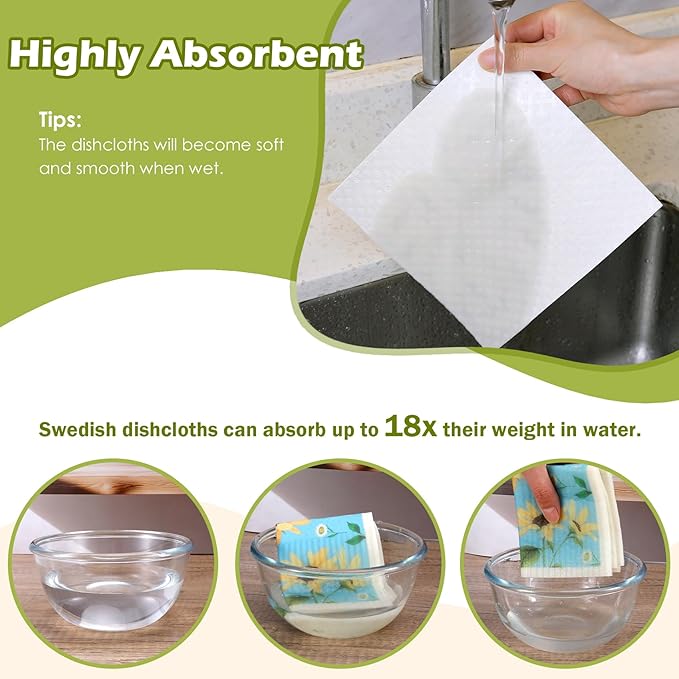 6 Packs Swedish Paper Cloths for Kitchen, Reusable Paper Towels Washable Dish Rags, Highly Absorbent Kitchen Towels Quick Drying Swedish Sponge Cleaning Dish Cloths(Colorful Floral-2)