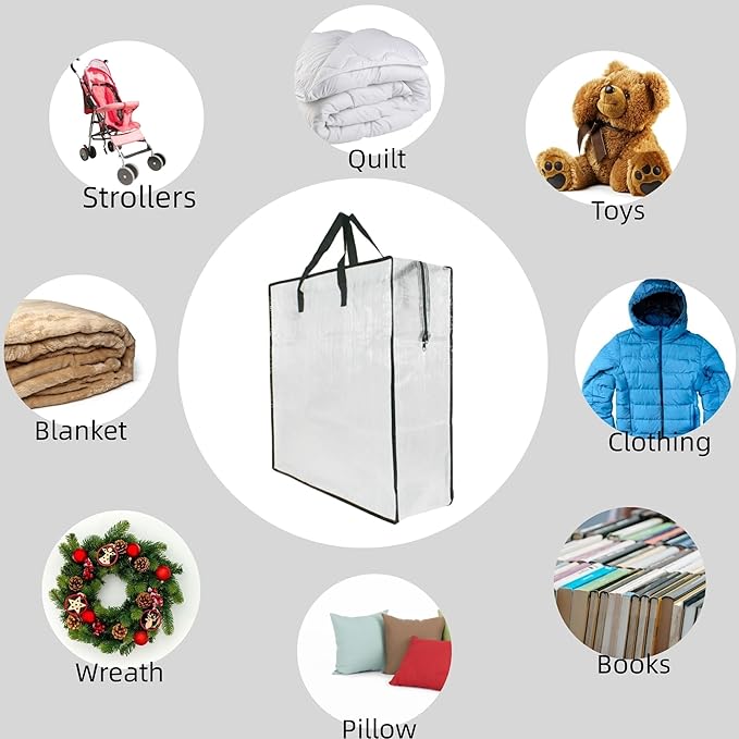 5 Pack Moving Bags, Wreath Storage Bag, Garland Container, Clear Storage Bags with Handles and Zippers Moving Bag for College Carrying, Bedding, Toys Organizer, Under the Bed Storage